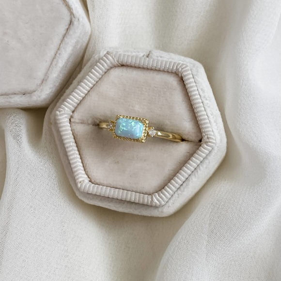 S925 Gold Opal Dainty Rectangle Ring - Picture 2 of 6